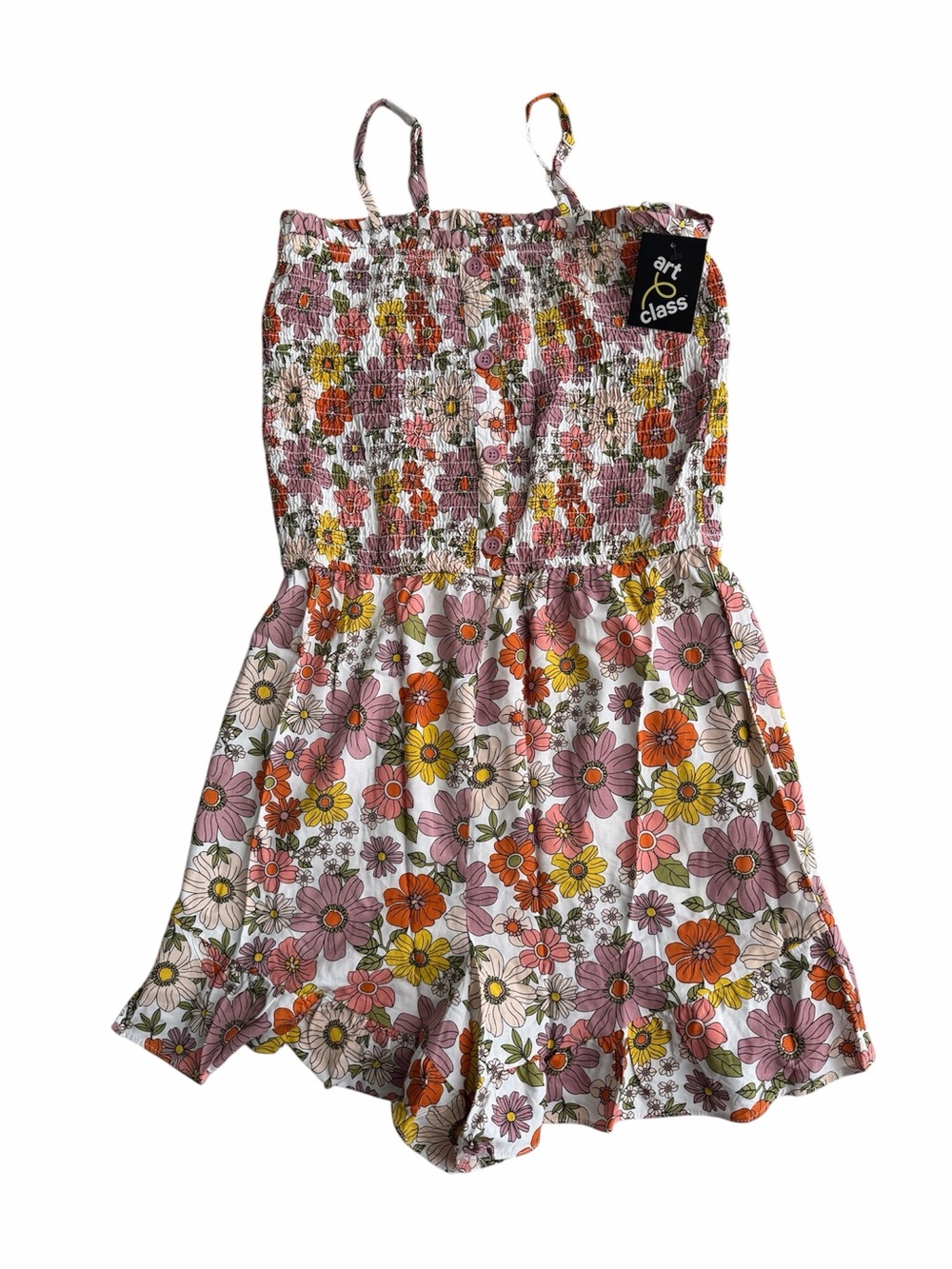 art class White Floral Smocked Romper with Pink, Orange, Yellow Flowers